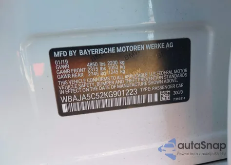 2019 BMW 530I из США, поврежденный, VIN WBAJA5C52KG901223